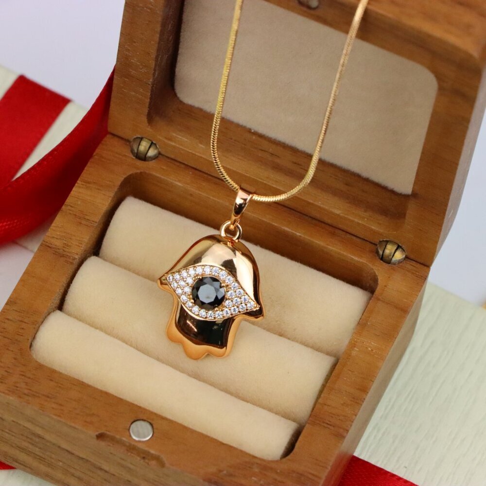 "Black Evil Eye Hamsa Pendant in Gold Plated Brass – Bold  Amulet, XPPT1756 - Picture 8 of 13